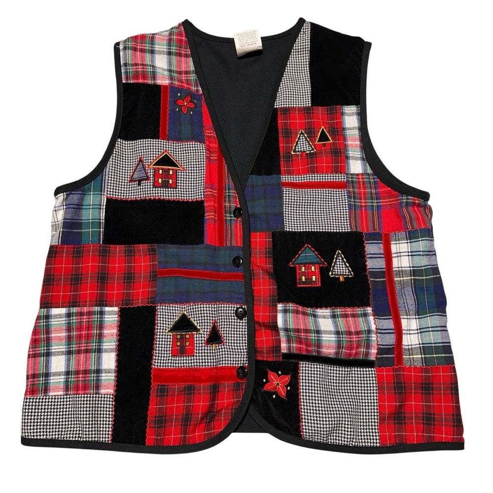 Vintage 90s Patchwork Plaid Vest Folk Art Grandma Chic Tartan Cottagecore L
